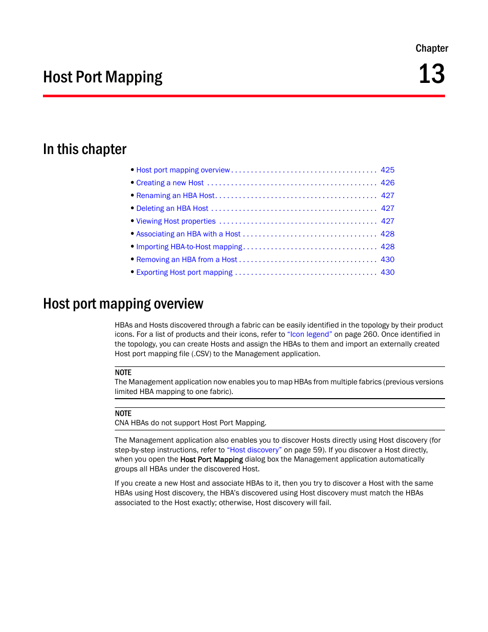 Host port mapping, Host port mapping overview, Chapter 13 | Chapter 13, “host port mapping | Brocade Network Advisor SAN User Manual v12.1.0 User Manual | Page 473 / 1690