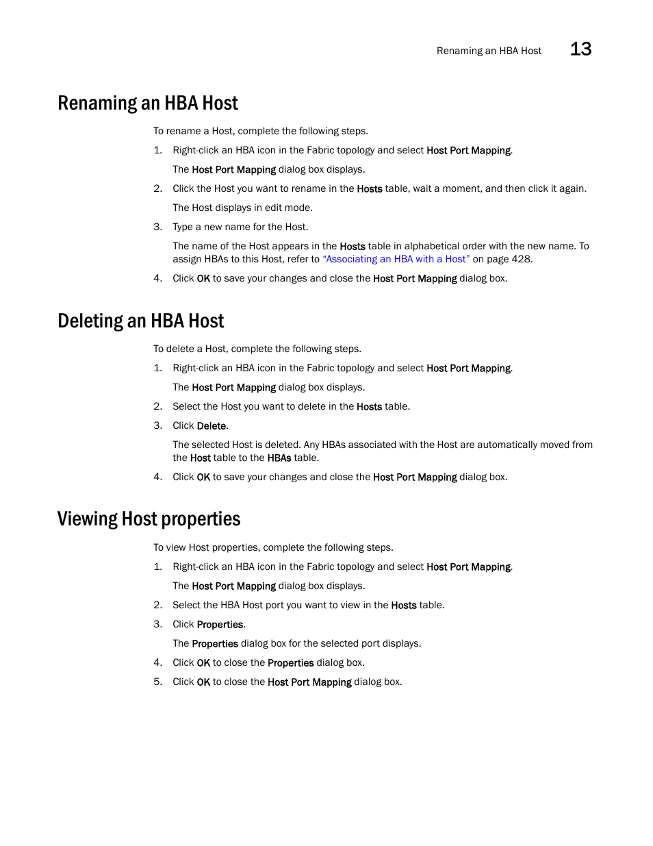 Renaming an hba host, Deleting an hba host, Viewing host properties | Brocade Network Advisor SAN User Manual v12.1.0 User Manual | Page 475 / 1690