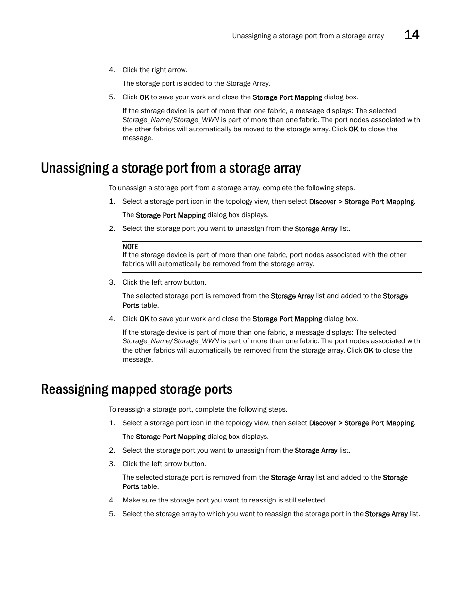 Unassigning a storage port from a storage array, Reassigning mapped storage ports | Brocade Network Advisor SAN User Manual v12.1.0 User Manual | Page 483 / 1690