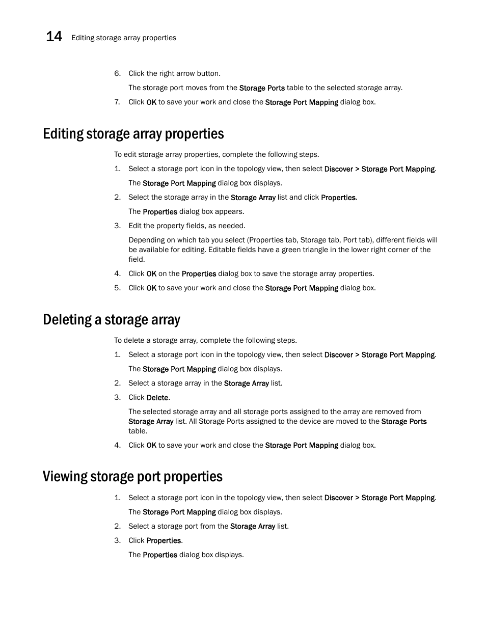 Editing storage array properties, Deleting a storage array, Viewing storage port properties | Brocade Network Advisor SAN User Manual v12.1.0 User Manual | Page 484 / 1690