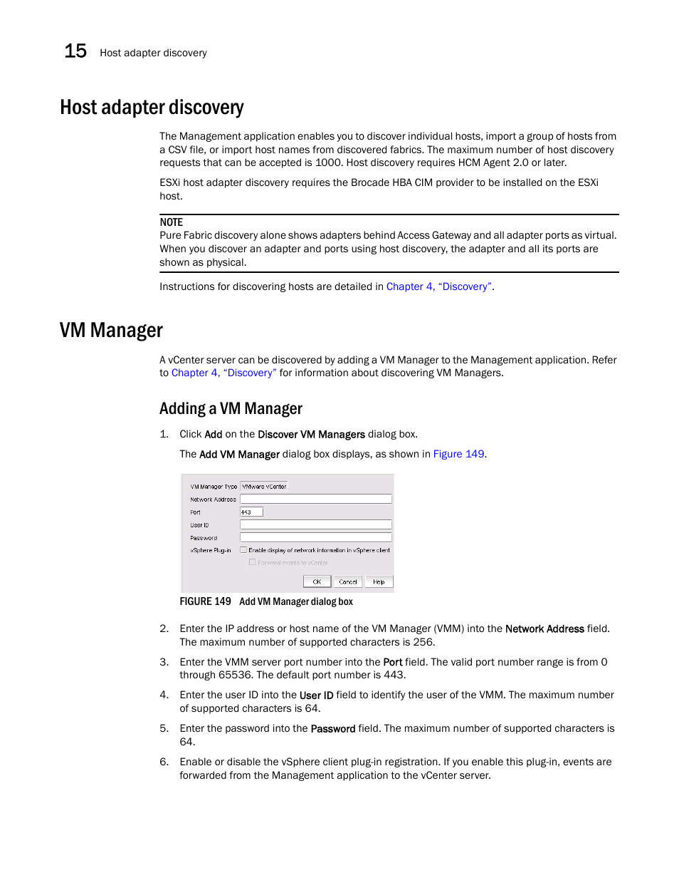 Host adapter discovery, Vm manager, Adding a vm manager | Brocade Network Advisor SAN User Manual v12.1.0 User Manual | Page 494 / 1690