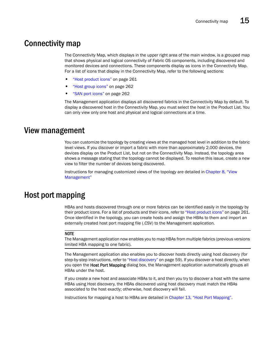 Connectivity map, View management, Host port mapping | Brocade Network Advisor SAN User Manual v12.1.0 User Manual | Page 497 / 1690