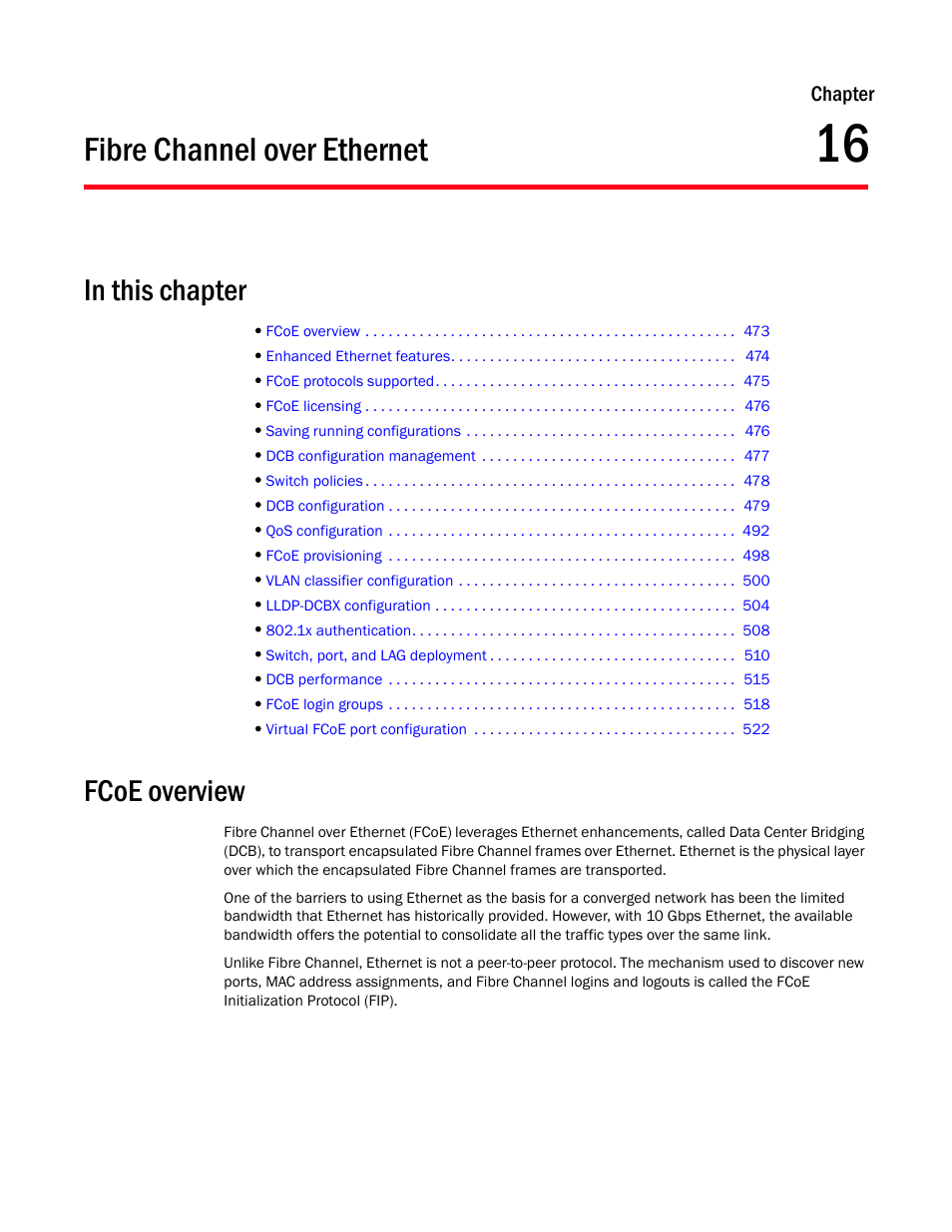 Fibre channel over ethernet, In this chapter, Fcoe overview | Chapter 16, Chapter 16, “fibre channel over ethernet | Brocade Network Advisor SAN User Manual v12.1.0 User Manual | Page 521 / 1690