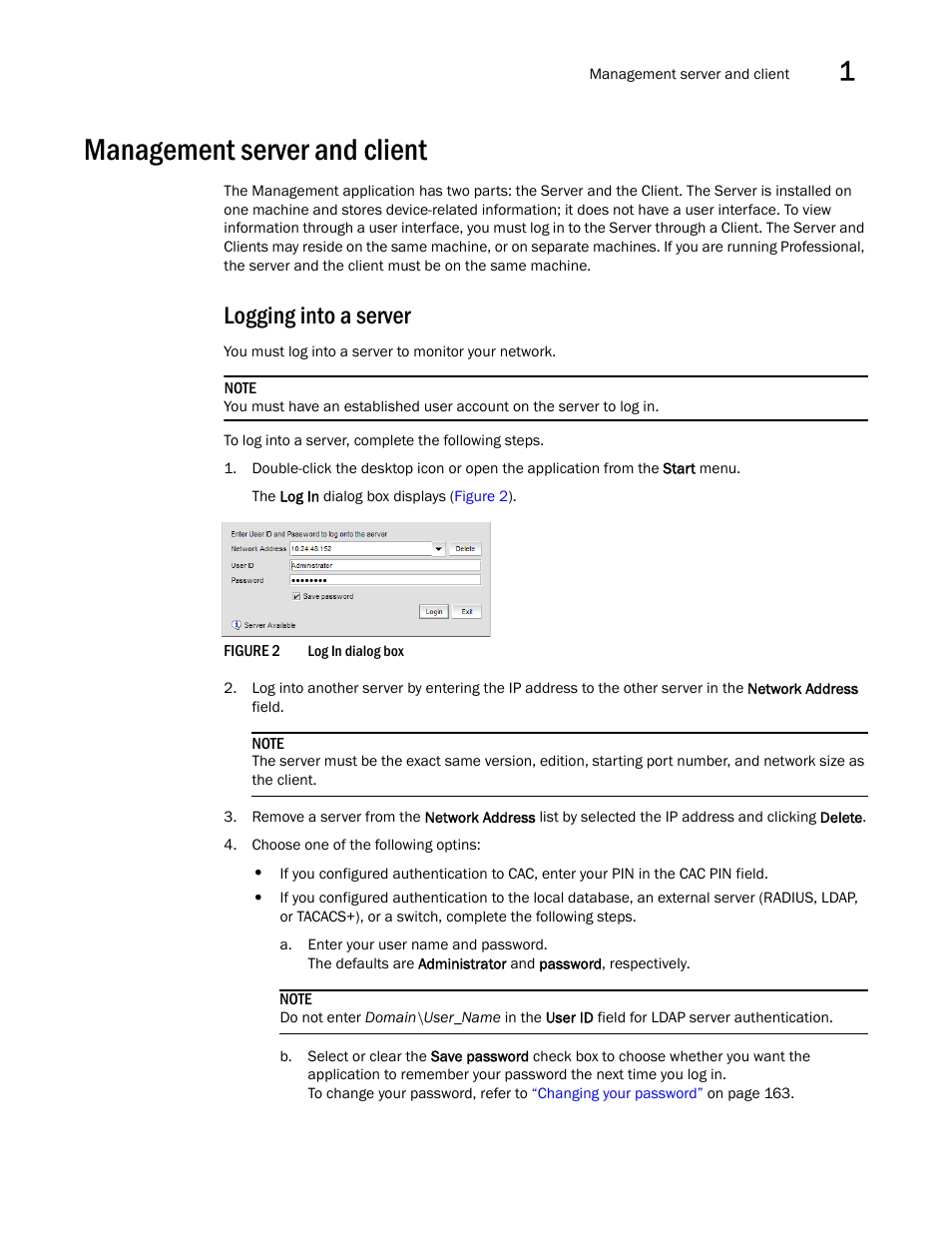 Management server and client, Logging into a server | Brocade Network Advisor SAN User Manual v12.1.0 User Manual | Page 53 / 1690