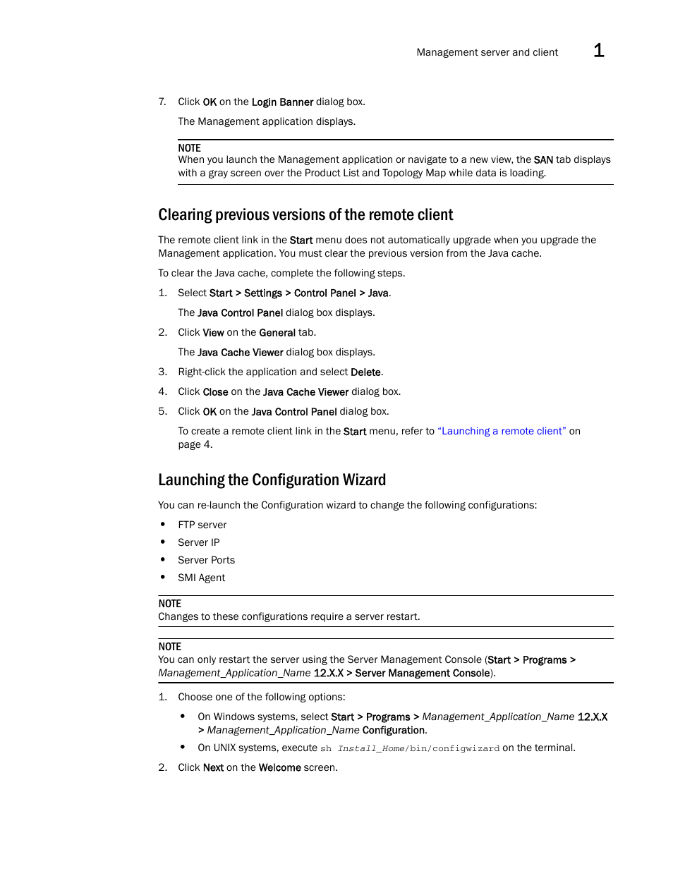 Clearing previous versions of the remote client, Launching the configuration wizard | Brocade Network Advisor SAN User Manual v12.1.0 User Manual | Page 55 / 1690