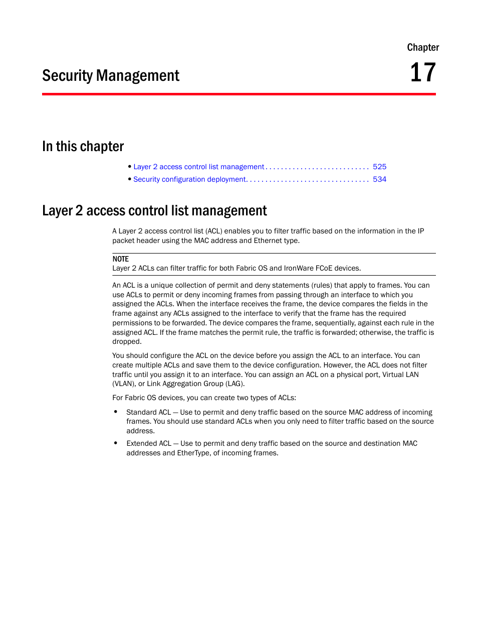 Security management, Layer 2 access control list management, Chapter 17 | Chapter 17, “security management | Brocade Network Advisor SAN User Manual v12.1.0 User Manual | Page 573 / 1690