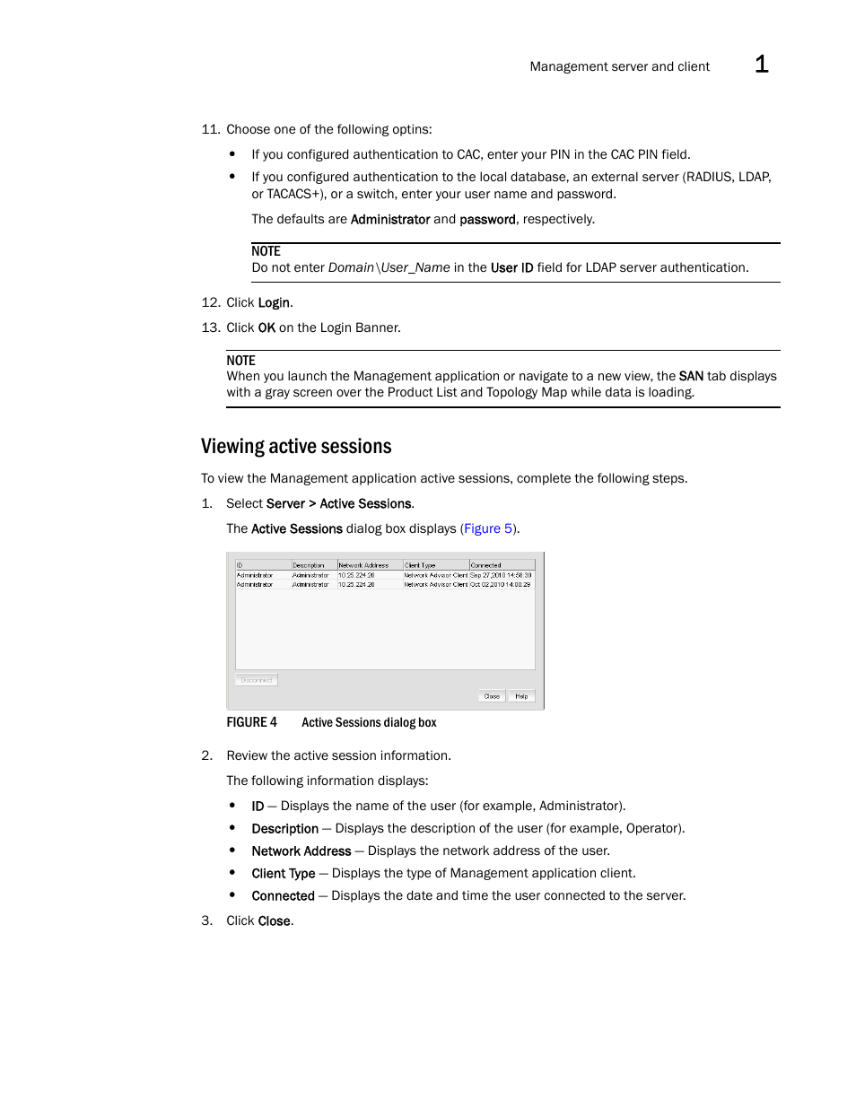 Viewing active sessions | Brocade Network Advisor SAN User Manual v12.1.0 User Manual | Page 59 / 1690