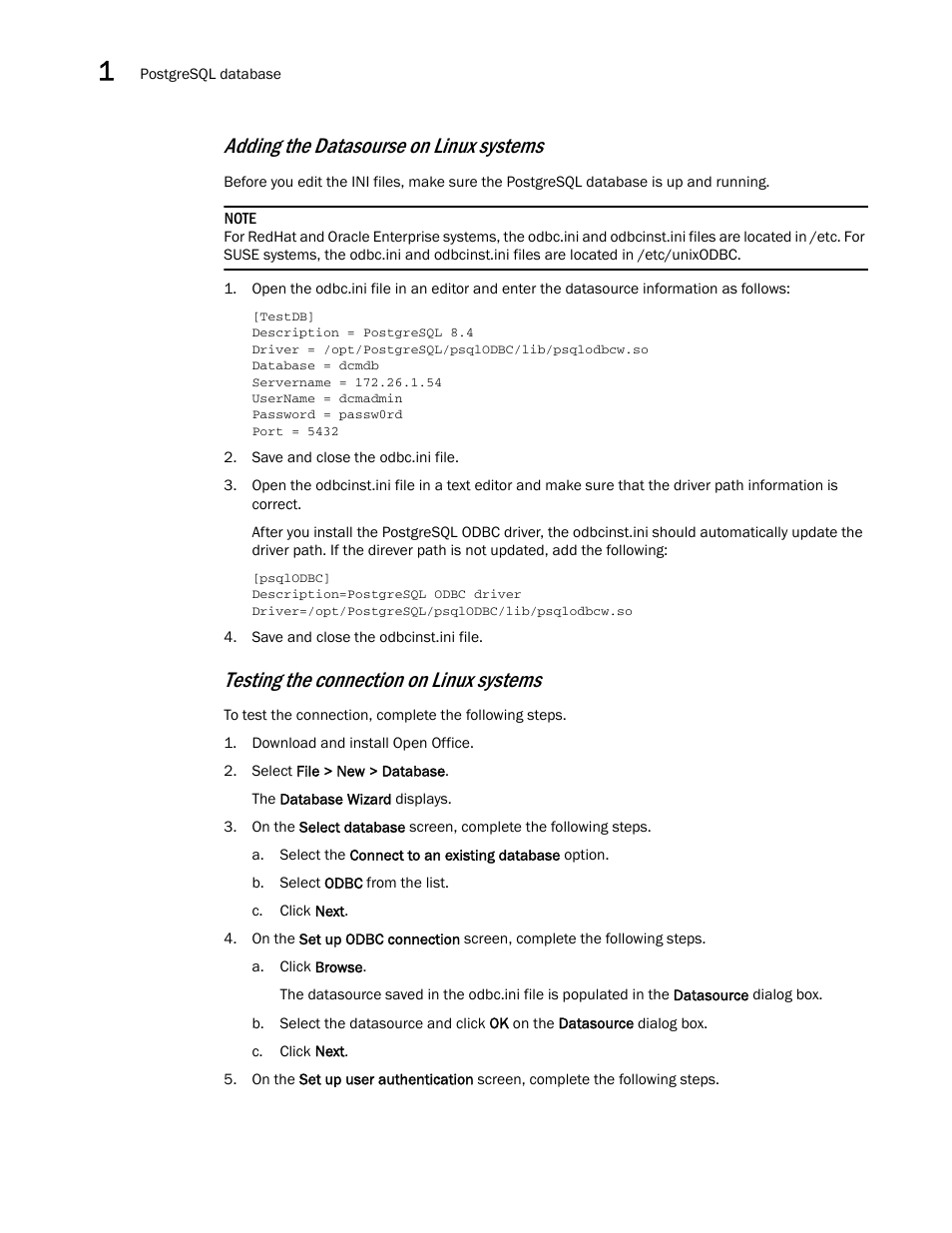 Adding the datasourse on linux systems, Testing the connection on linux systems | Brocade Network Advisor SAN User Manual v12.1.0 User Manual | Page 72 / 1690