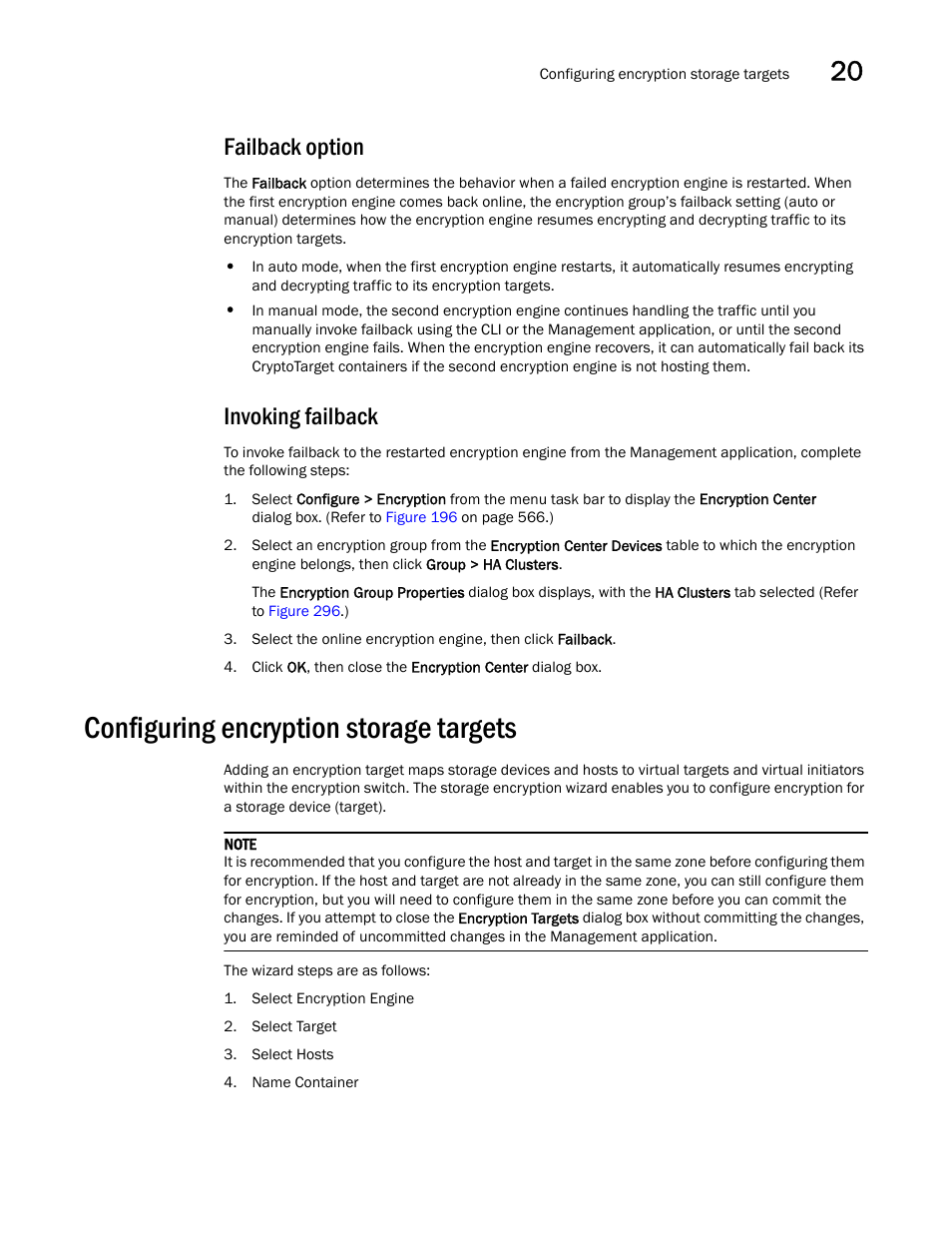 Failback option, Invoking failback, Configuring encryption storage targets | Brocade Network Advisor SAN User Manual v12.1.0 User Manual | Page 731 / 1690