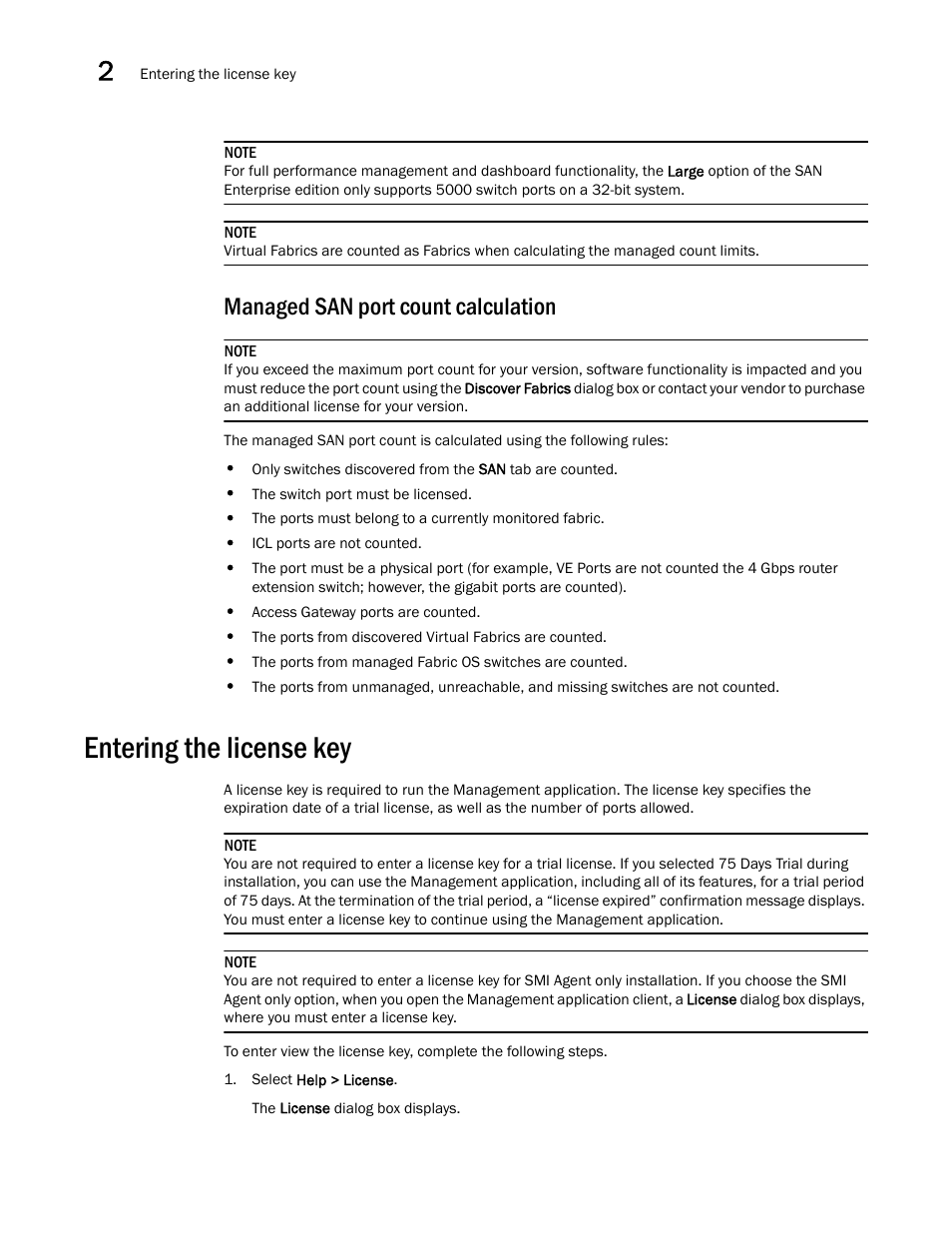 Managed san port count calculation, Entering the license key | Brocade Network Advisor SAN User Manual v12.1.0 User Manual | Page 80 / 1690