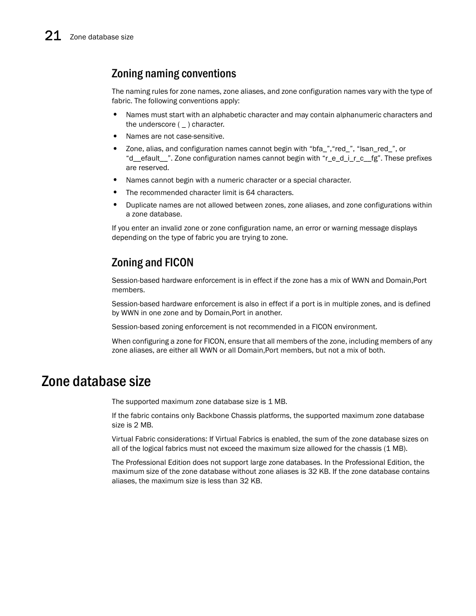 Zoning naming conventions, Zoning and ficon, Zone database size | Brocade Network Advisor SAN User Manual v12.1.0 User Manual | Page 810 / 1690