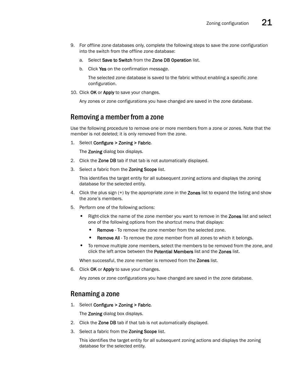 Removing a member from a zone, Renaming a zone, Step 9 | Brocade Network Advisor SAN User Manual v12.1.0 User Manual | Page 815 / 1690