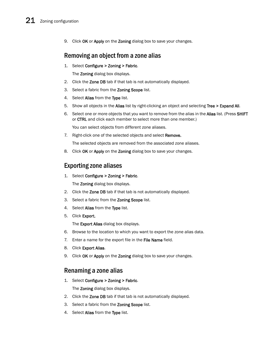 Removing an object from a zone alias, Exporting zone aliases, Renaming a zone alias | Brocade Network Advisor SAN User Manual v12.1.0 User Manual | Page 820 / 1690