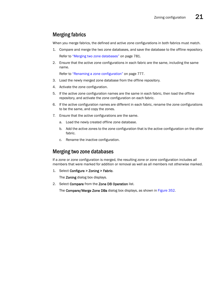 Merging fabrics, Merging two zone databases | Brocade Network Advisor SAN User Manual v12.1.0 User Manual | Page 829 / 1690