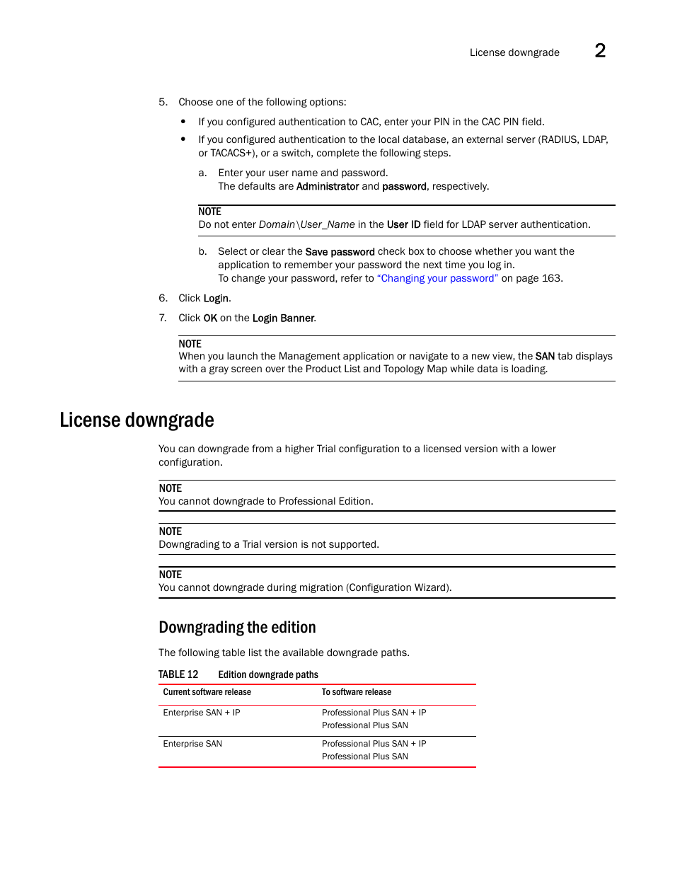 License downgrade, Downgrading the edition | Brocade Network Advisor SAN User Manual v12.1.0 User Manual | Page 83 / 1690