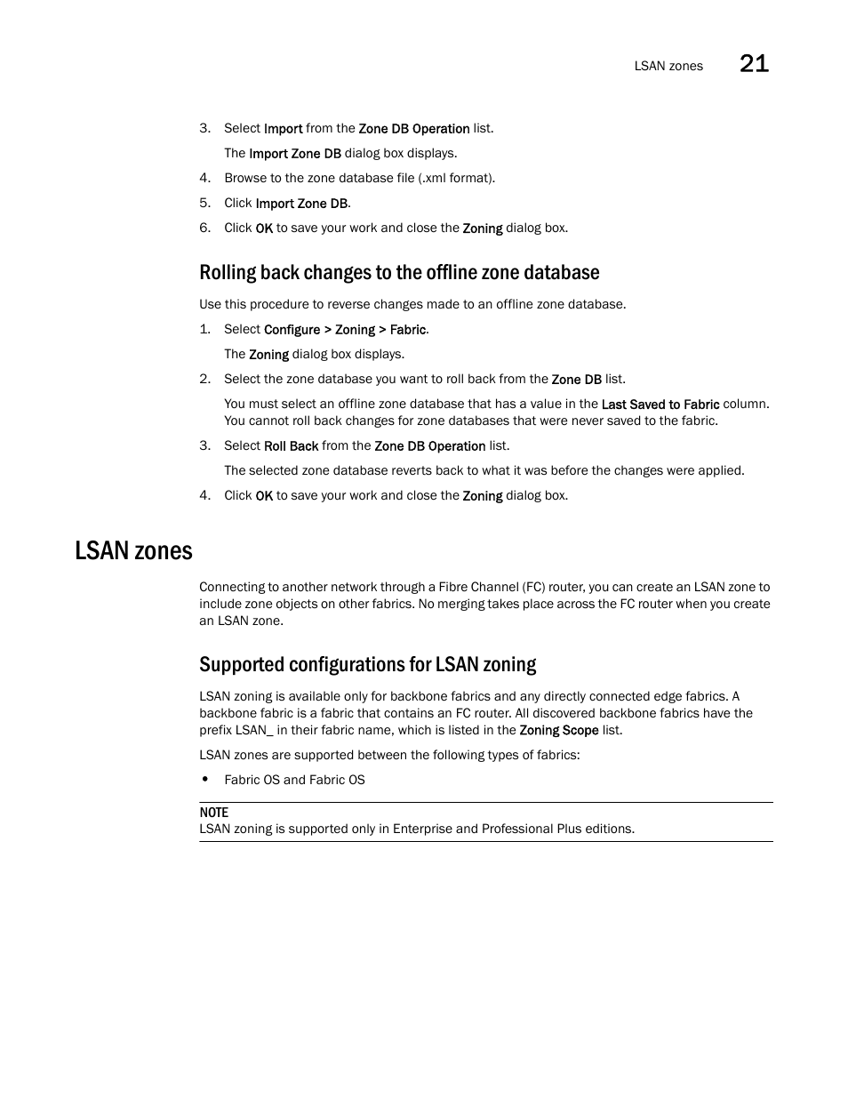 Rolling back changes to the offline zone database, Lsan zones, Supported configurations for lsan zoning | Brocade Network Advisor SAN User Manual v12.1.0 User Manual | Page 833 / 1690