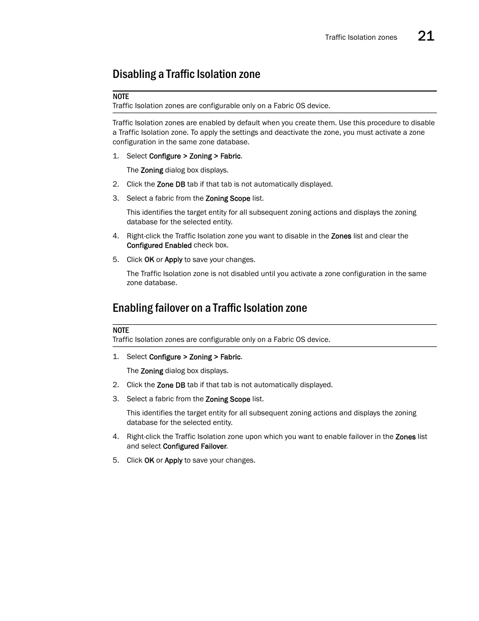 Disabling a traffic isolation zone, Enabling failover on a traffic isolation zone | Brocade Network Advisor SAN User Manual v12.1.0 User Manual | Page 843 / 1690