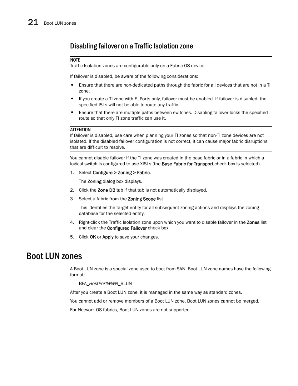 Disabling failover on a traffic isolation zone, Boot lun zones | Brocade Network Advisor SAN User Manual v12.1.0 User Manual | Page 844 / 1690