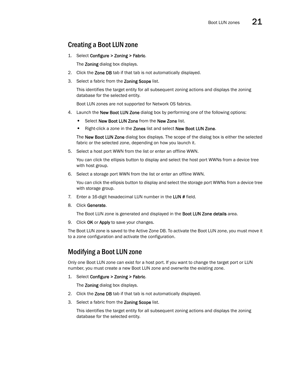 Creating a boot lun zone, Modifying a boot lun zone | Brocade Network Advisor SAN User Manual v12.1.0 User Manual | Page 845 / 1690