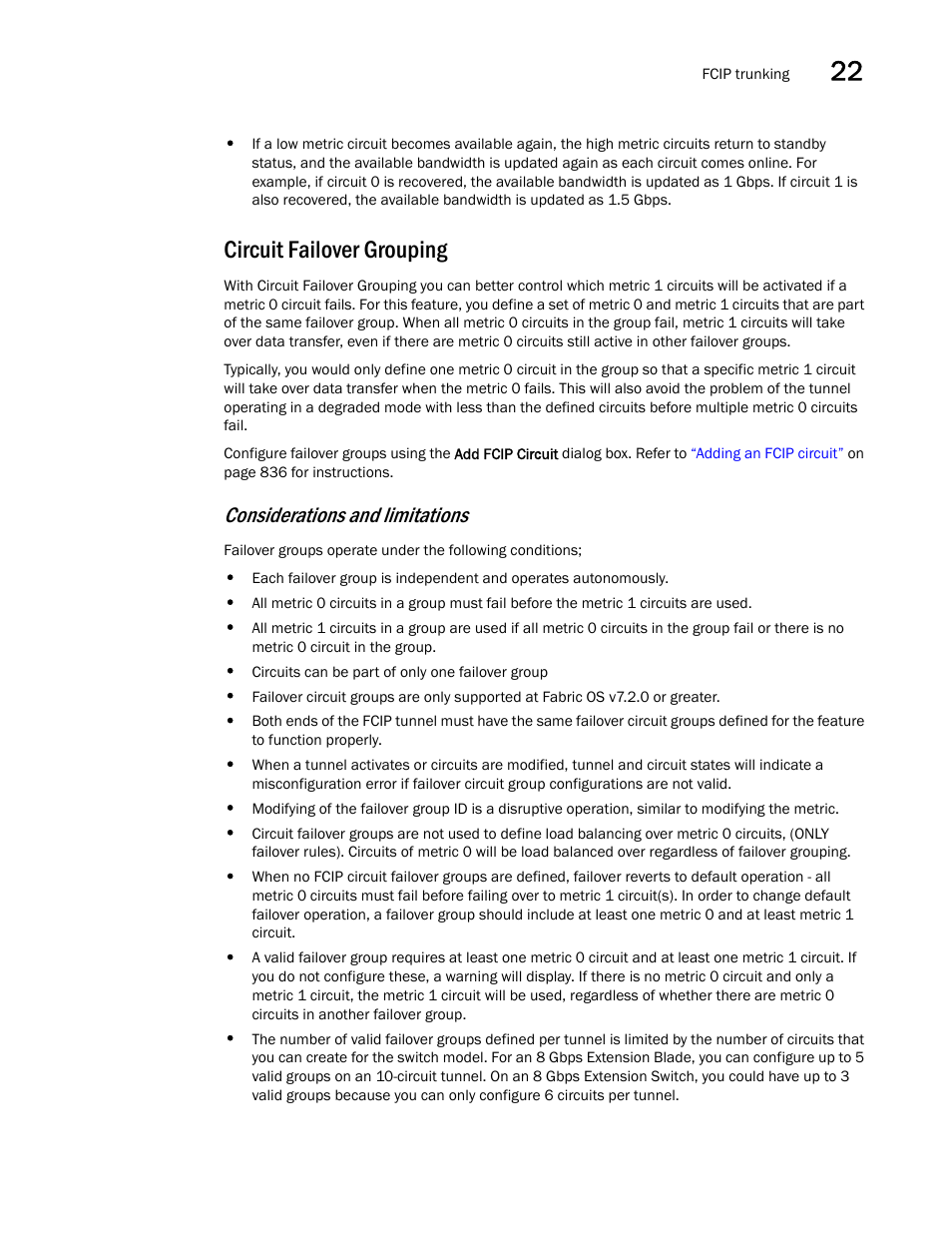 Circuit failover grouping, Considerations and limitations | Brocade Network Advisor SAN User Manual v12.1.0 User Manual | Page 863 / 1690