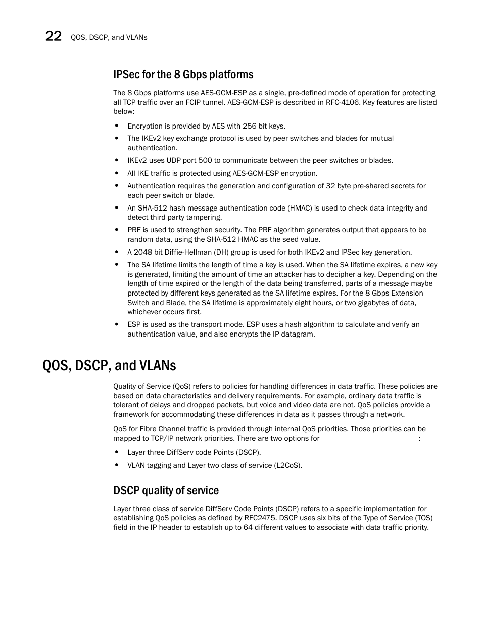 Ipsec for the 8 gbps platforms, Qos, dscp, and vlans, Dscp quality of service | Brocade Network Advisor SAN User Manual v12.1.0 User Manual | Page 870 / 1690