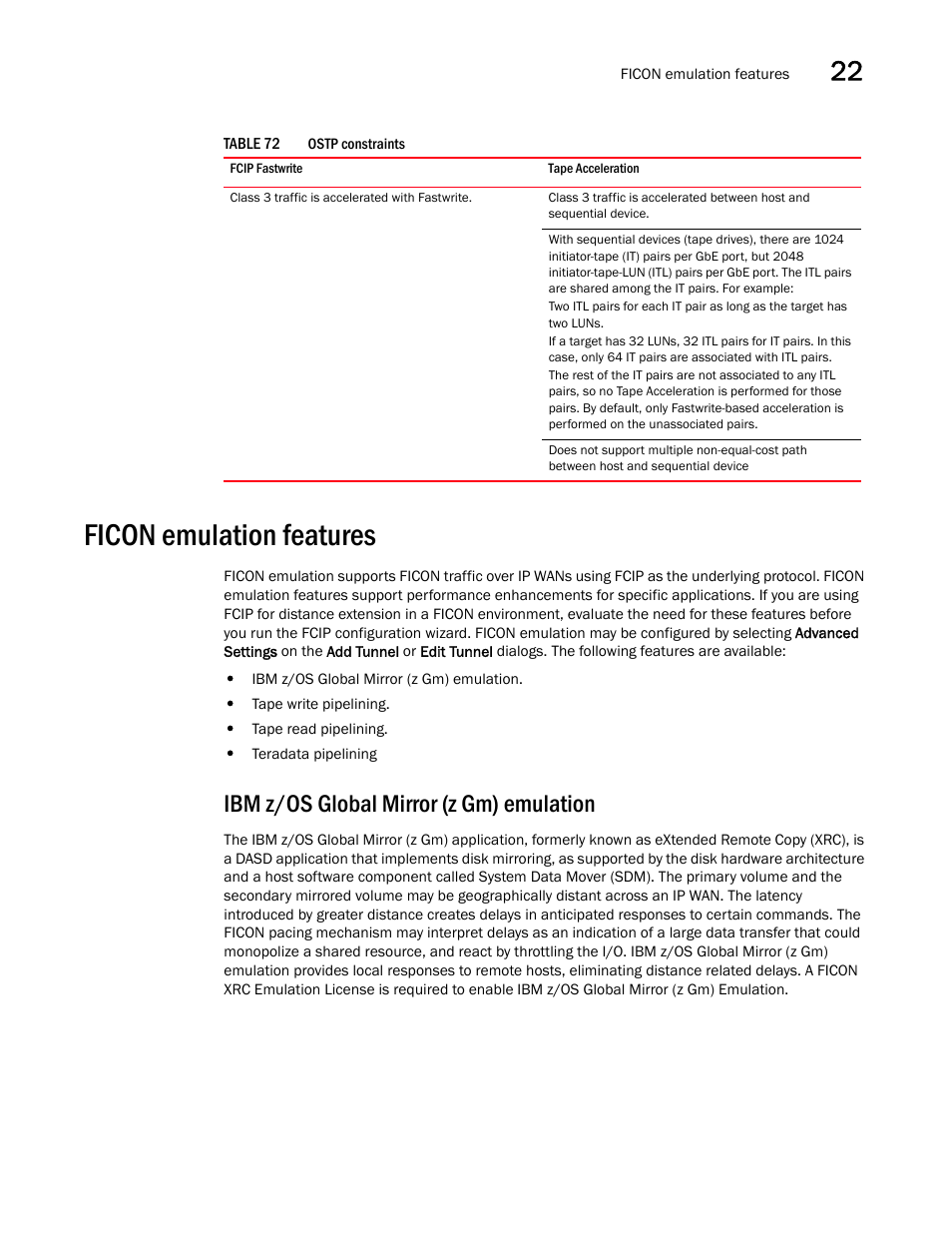 Ficon emulation features, Ibm z/os global mirror (z gm) emulation | Brocade Network Advisor SAN User Manual v12.1.0 User Manual | Page 873 / 1690