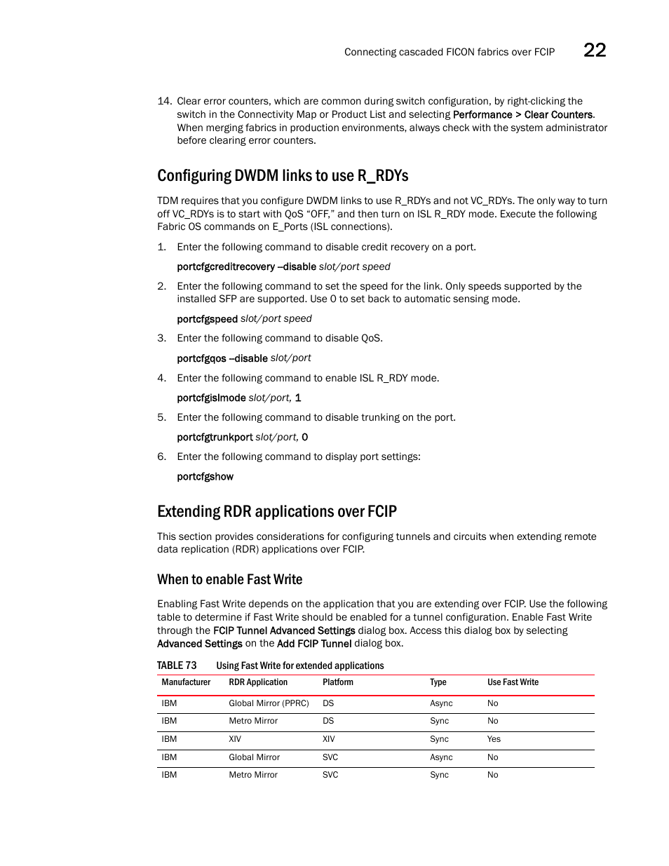 Configuring dwdm links to use r_rdys, Extending rdr applications over fcip, When to enable fast write | Ocedures under, Configuring, Dwdm links to use r_rdys | Brocade Network Advisor SAN User Manual v12.1.0 User Manual | Page 879 / 1690