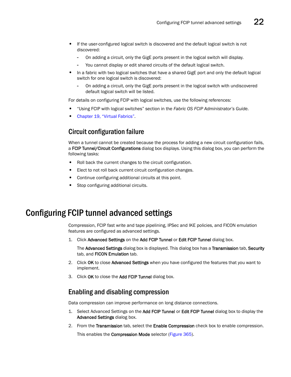 Circuit configuration failure, Configuring fcip tunnel advanced settings, Enabling and disabling compression | Brocade Network Advisor SAN User Manual v12.1.0 User Manual | Page 889 / 1690