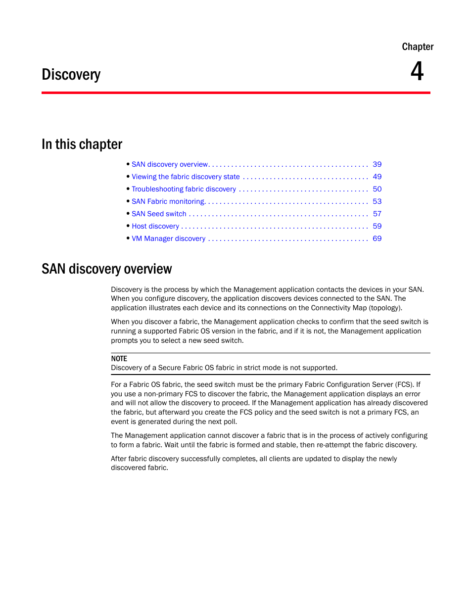 Discovery, San discovery overview, Chapter 4 | Chapter 4, “discovery | Brocade Network Advisor SAN User Manual v12.1.0 User Manual | Page 89 / 1690