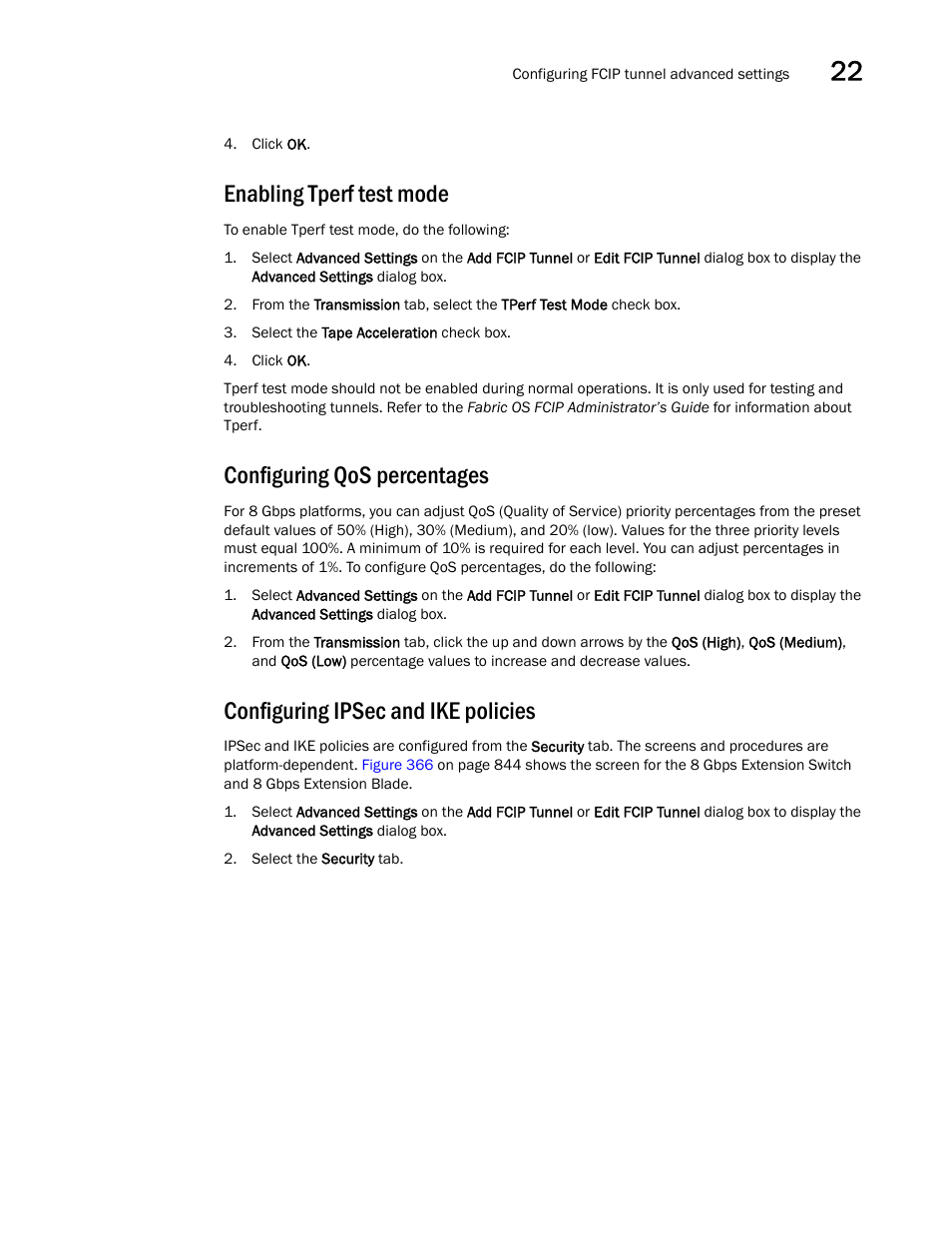 Enabling tperf test mode, Configuring qos percentages, Configuring ipsec and ike policies | Brocade Network Advisor SAN User Manual v12.1.0 User Manual | Page 891 / 1690