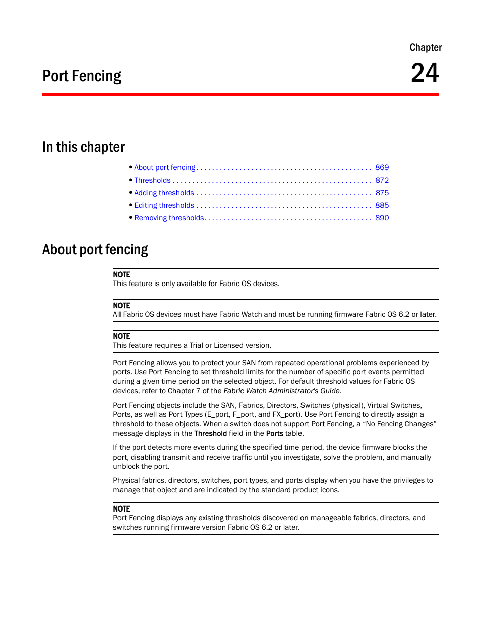 Port fencing, In this chapter, About port fencing | Chapter 24, Chapter 24, “port fencing | Brocade Network Advisor SAN User Manual v12.1.0 User Manual | Page 917 / 1690