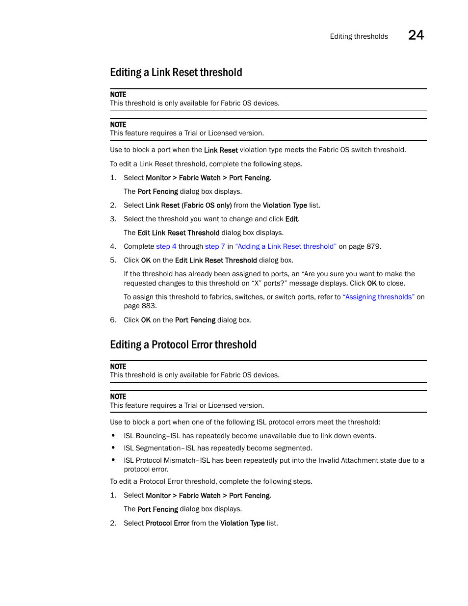 Editing a link reset threshold, Editing a protocol error threshold | Brocade Network Advisor SAN User Manual v12.1.0 User Manual | Page 935 / 1690