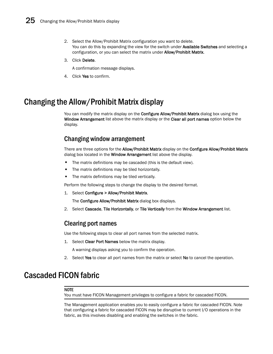 Changing the allow/prohibit matrix display, Changing window arrangement, Clearing port names | Cascaded ficon fabric, Changing window arrangement clearing port names, Eps in, Cascaded ficon, Fabric | Brocade Network Advisor SAN User Manual v12.1.0 User Manual | Page 956 / 1690