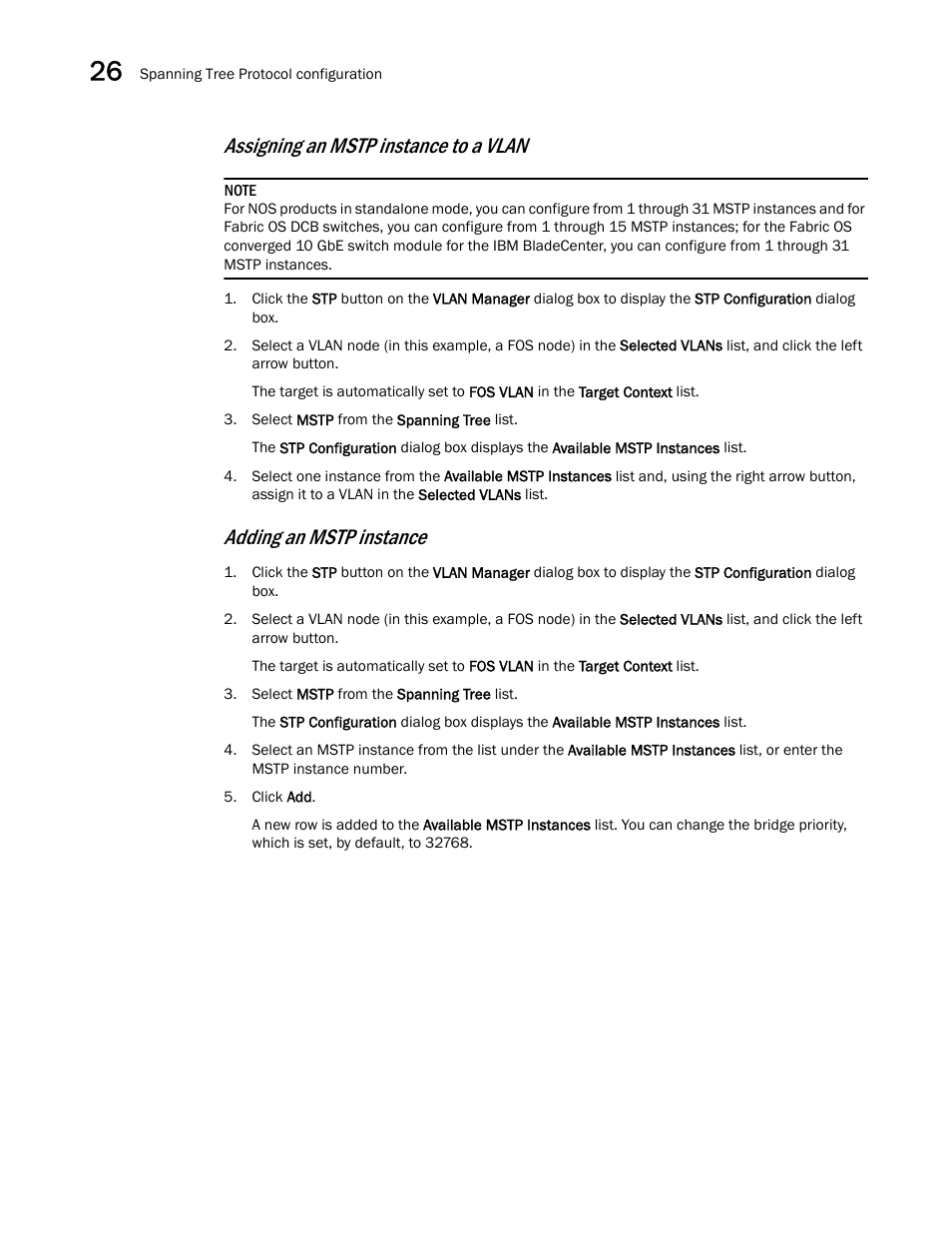 Assigning an mstp instance to a vlan, Adding an mstp instance | Brocade Network Advisor SAN User Manual v12.1.0 User Manual | Page 986 / 1690