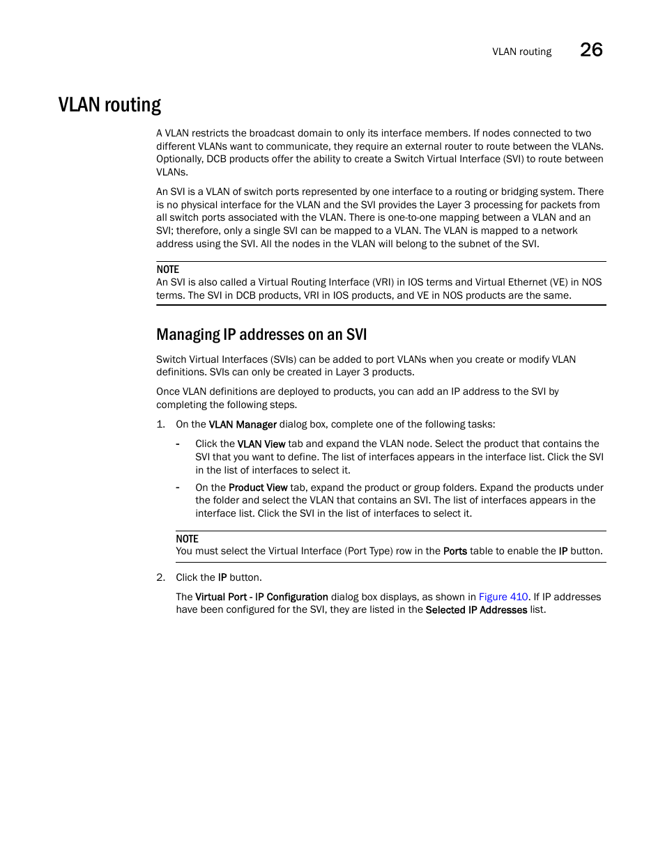 Vlan routing, Managing ip addresses on an svi | Brocade Network Advisor SAN User Manual v12.1.0 User Manual | Page 987 / 1690