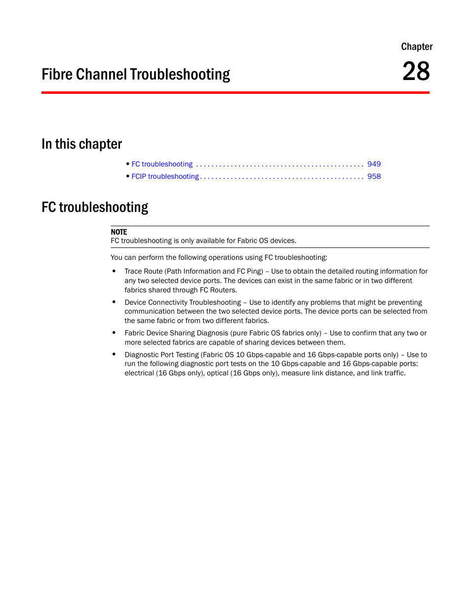 Fibre channel troubleshooting, In this chapter, Fc troubleshooting | Chapter 28, Chapter 28, “fibre channel troubleshooting | Brocade Network Advisor SAN User Manual v12.1.0 User Manual | Page 997 / 1690