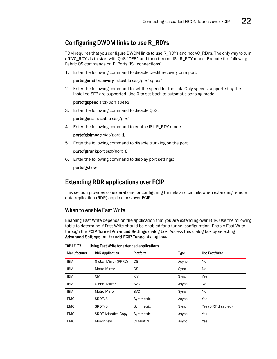 Configuring dwdm links to use r_rdys, Extending rdr applications over fcip, When to enable fast write | Ocedures under, Configuring, Dwdm links to use r_rdys | Brocade Network Advisor SAN User Manual v12.3.0 User Manual | Page 1007 / 1940