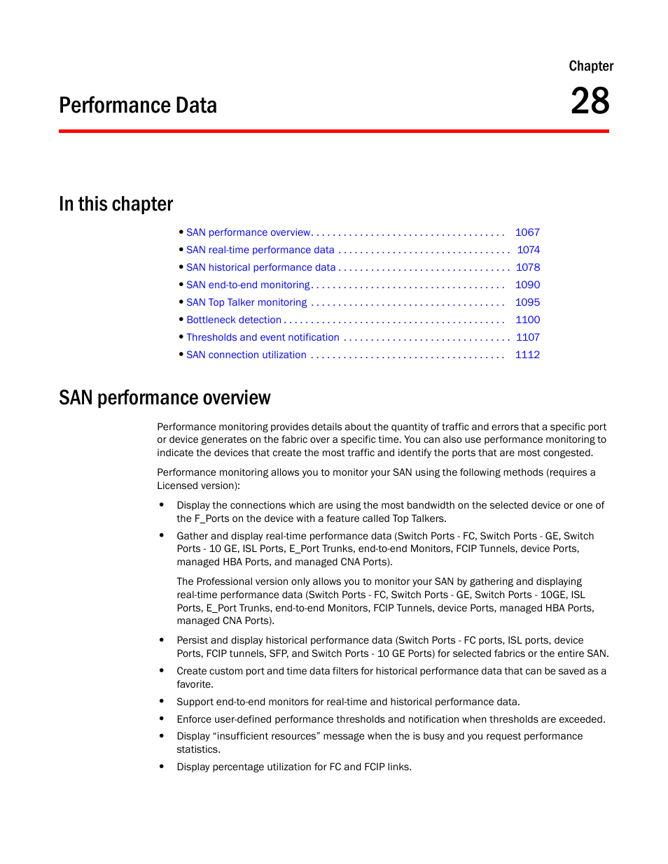 Performance data, San performance overview, Chapter 28 | Chapter 28, “performance data | Brocade Network Advisor SAN User Manual v12.3.0 User Manual | Page 1119 / 1940