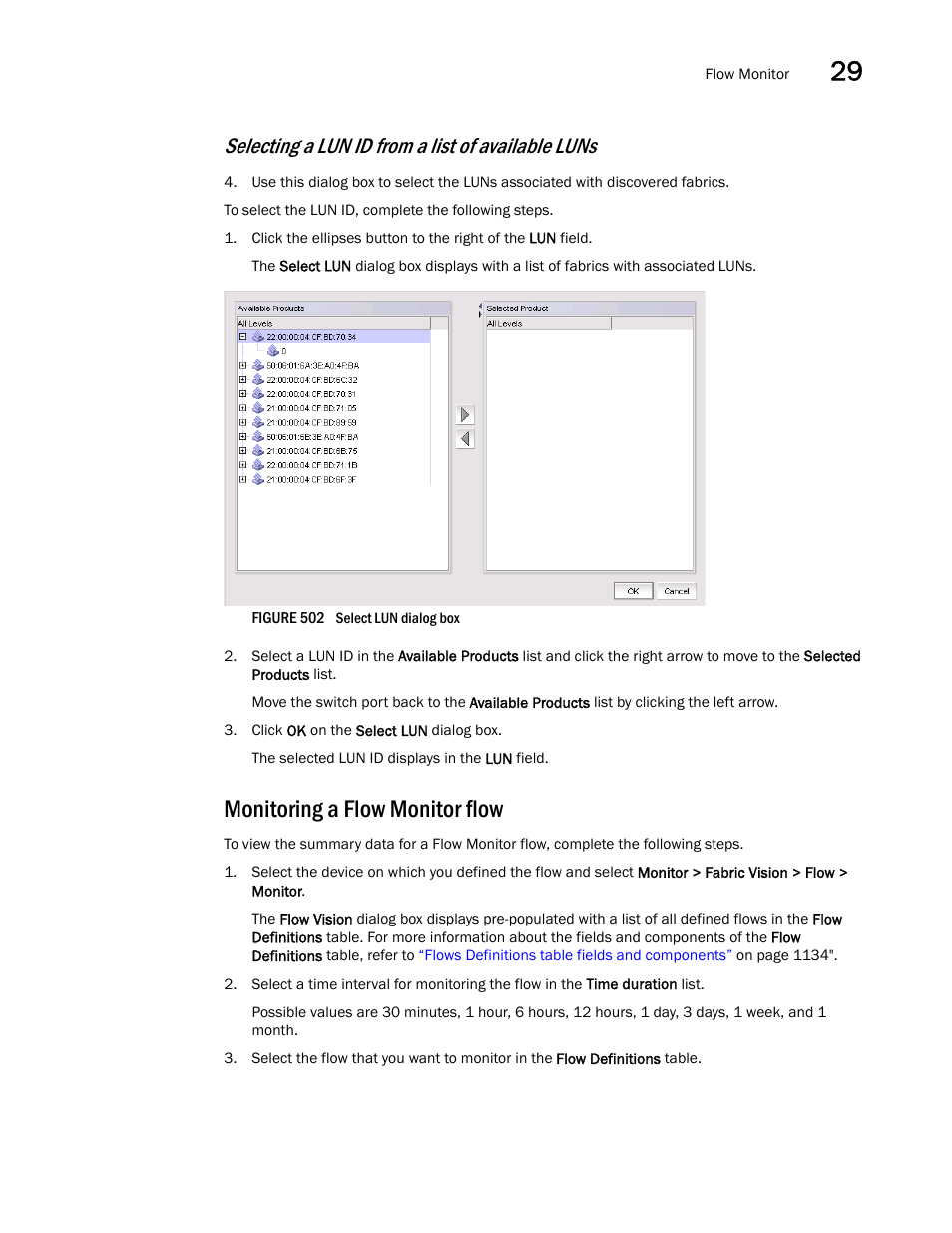 Monitoring a flow monitor flow, Monitoring a, Flow monitor flow | Selecting a lun, Id from a list of available luns, Selecting a lun id from a list of available luns | Brocade Network Advisor SAN User Manual v12.3.0 User Manual | Page 1201 / 1940