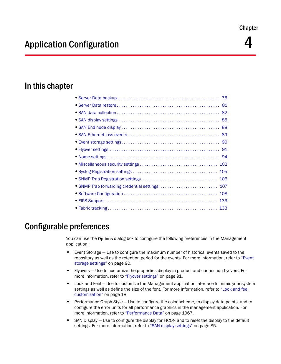 Application configuration, Configurable preferences, Chapter 4 | Chapter 4, “application configuration, Chapter | Brocade Network Advisor SAN User Manual v12.3.0 User Manual | Page 125 / 1940