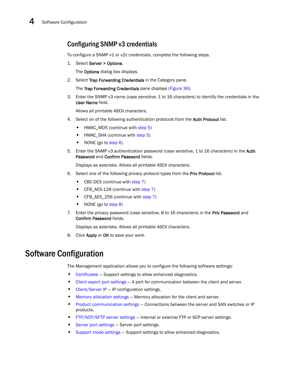 Configuring snmp v3 credentials, Software configuration | Brocade Network Advisor SAN User Manual v12.3.0 User Manual | Page 160 / 1940
