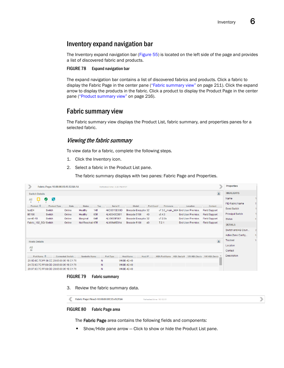 Inventory expand navigation bar, Fabric summary view, Viewing the fabric summary | Brocade Network Advisor SAN User Manual v12.3.0 User Manual | Page 263 / 1940