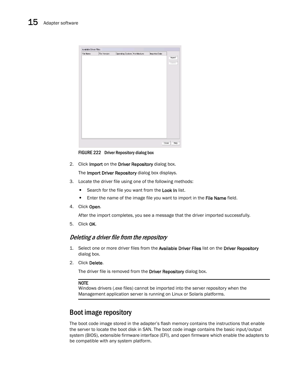Boot image repository, Figure 222, Deleting a driver file from the repository | Brocade Network Advisor SAN User Manual v12.3.0 User Manual | Page 632 / 1940