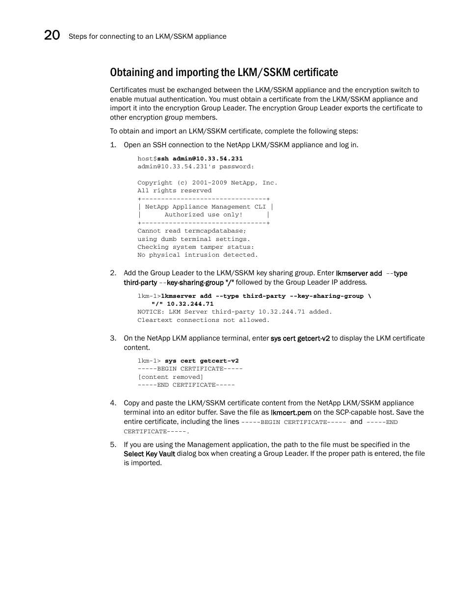 Obtaining and importing the lkm/sskm certificate, Obtaining and importing the, Lkm/sskm certificate | Brocade Network Advisor SAN User Manual v12.3.0 User Manual | Page 772 / 1940