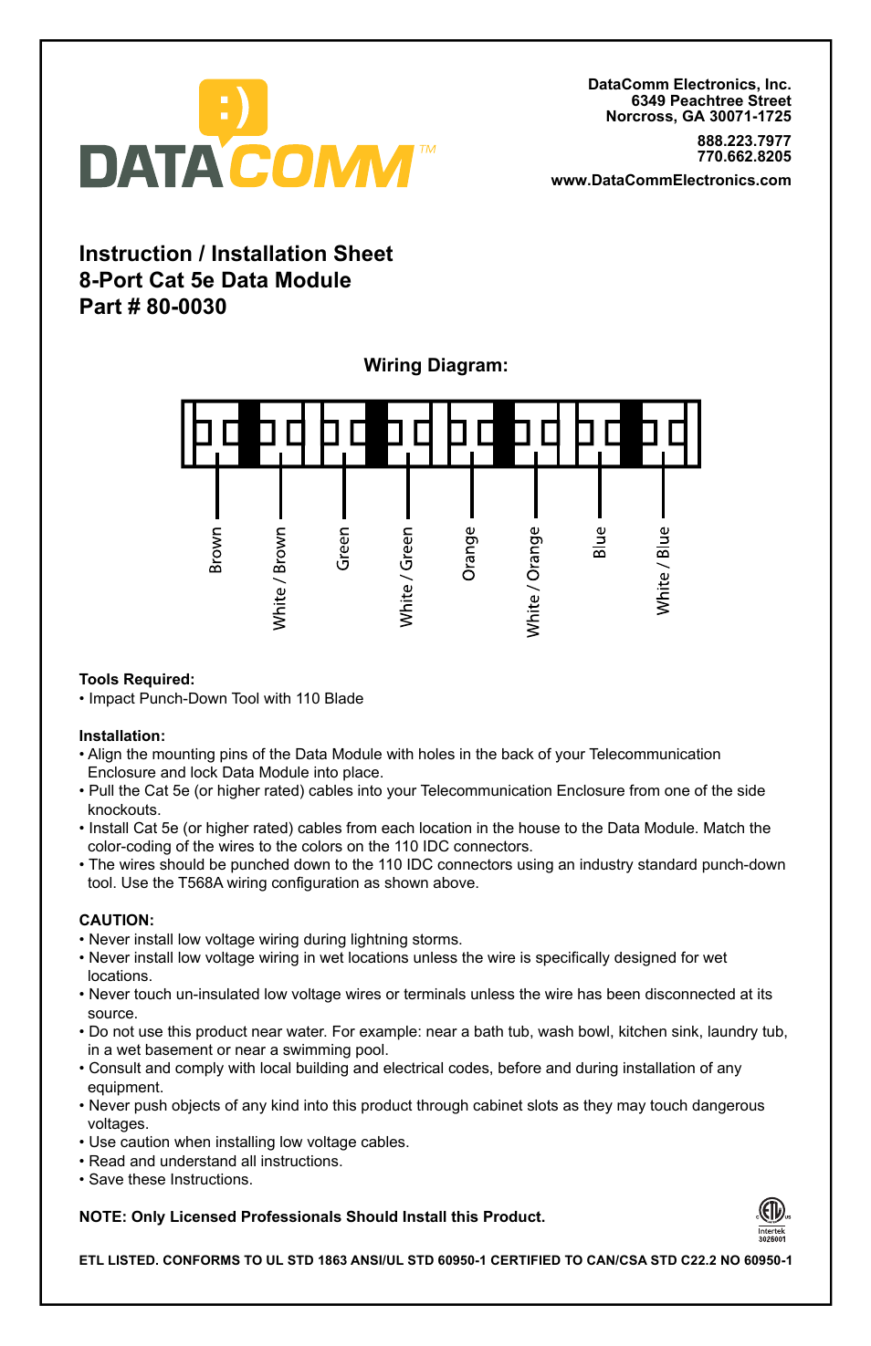 DataComm 80-0030 8-Port Cat 5e Data Module User Manual | 1 page