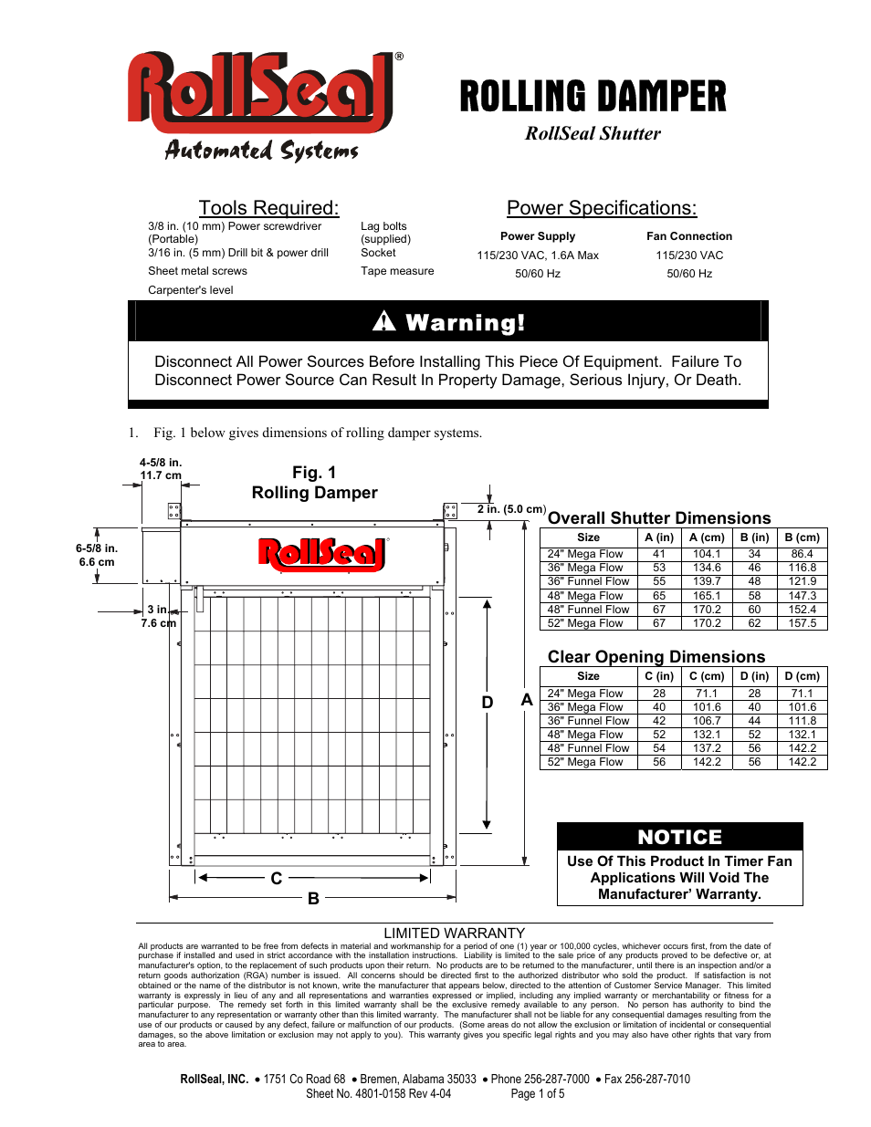 Hired-Hand RollSeal Rolling Dampers User Manual | 5 pages