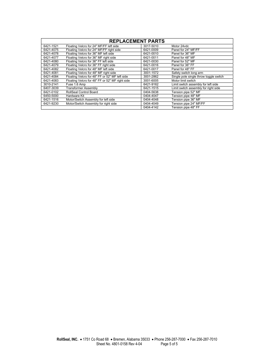 Replacement parts | Hired-Hand RollSeal Rolling Dampers User Manual | Page 5 / 5