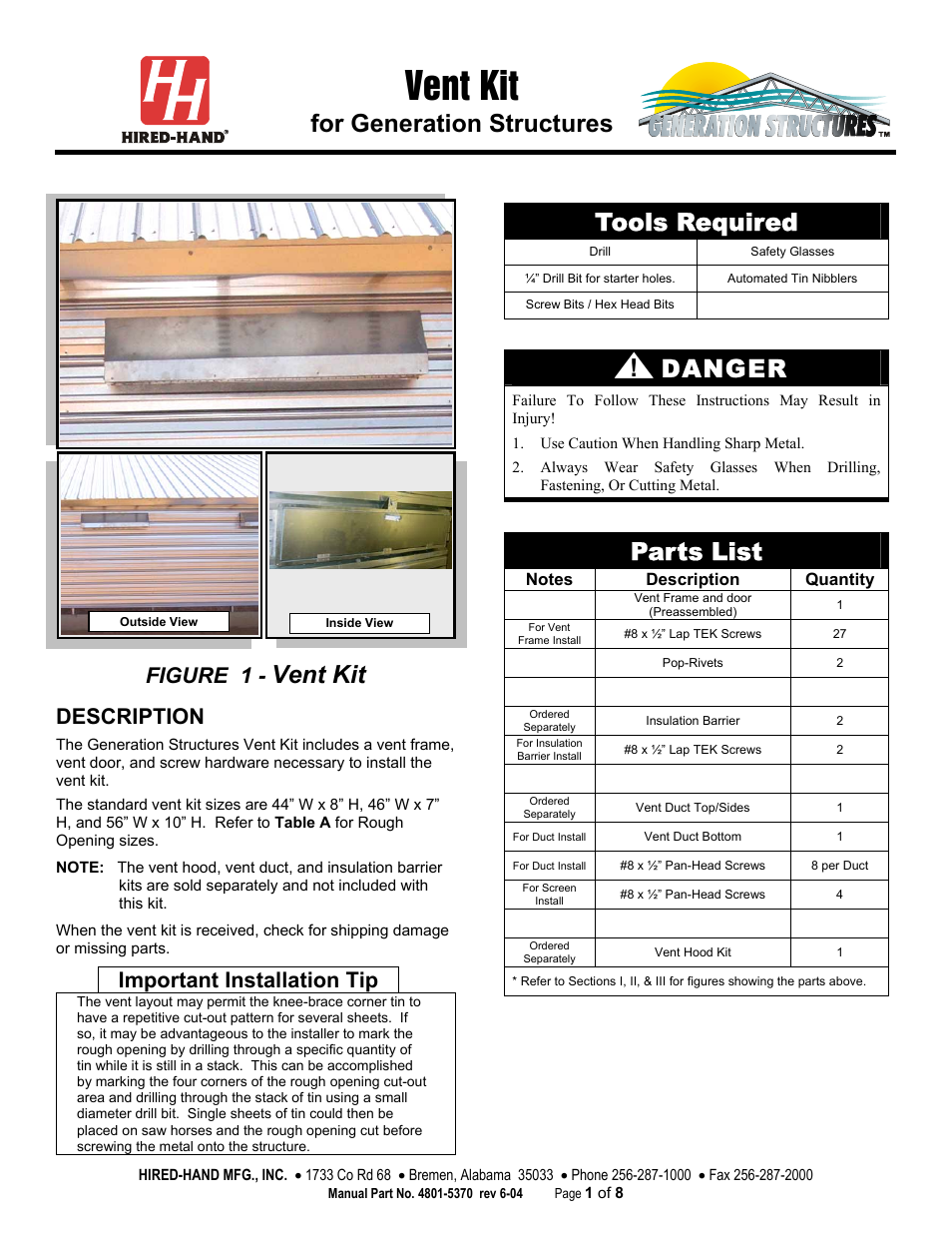 Hired-Hand Baffles, Vents, & Inlets: Vent Kit for Generation Structures User Manual | 8 pages