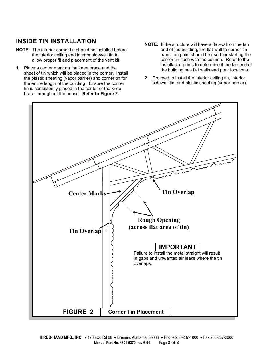 Inside tin installation, Center marks, Important | Hired-Hand Baffles, Vents, & Inlets: Vent Kit for Generation Structures User Manual | Page 2 / 8