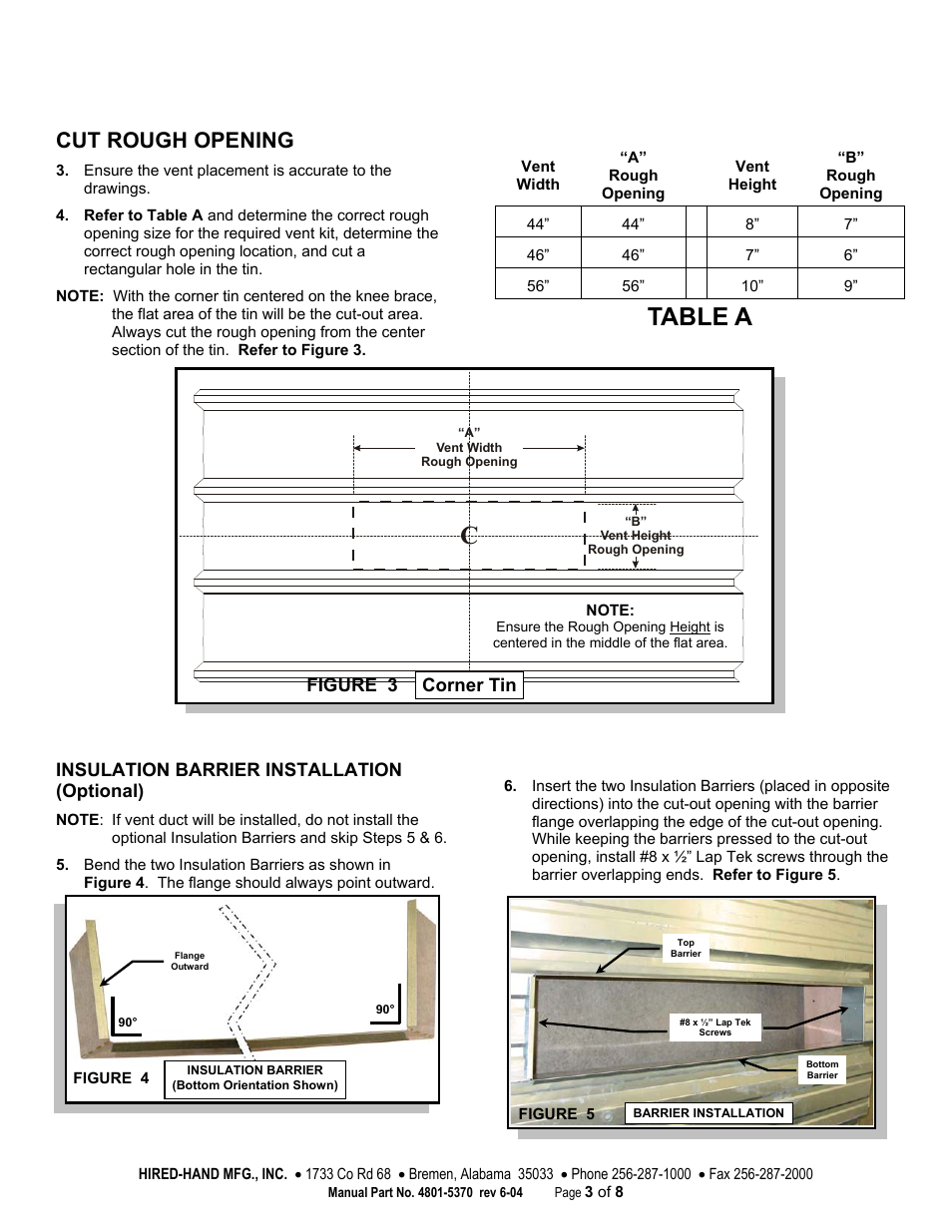 Table a, Cut rough opening, Insulation barrier installation (optional) | Corner tin, Figure 3 | Hired-Hand Baffles, Vents, & Inlets: Vent Kit for Generation Structures User Manual | Page 3 / 8